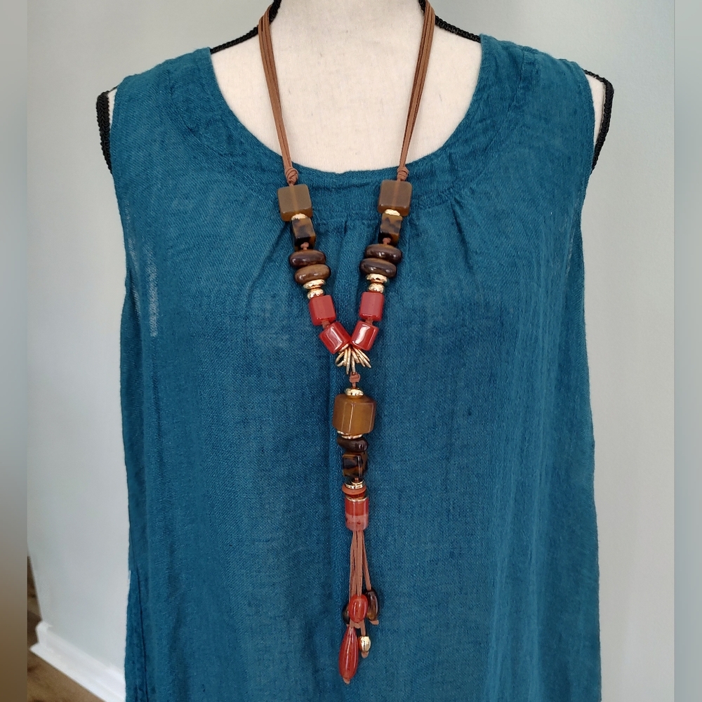 Chico's Beaded Autumn Fall Necklace Adjustable Length Leather Cord Orange Brown